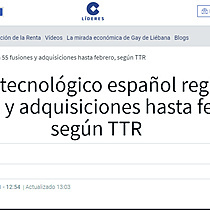 El sector tecnolgico espaol registra 55 fusiones y adquisiciones hasta febrero, segn TTR